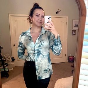 Blue and white watercolor silky button down shirt